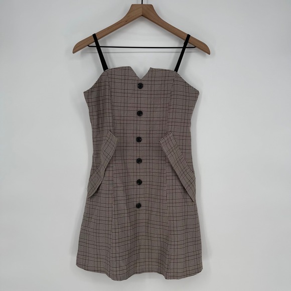 Plaid Button‎ Front Mini Dress Sweetheart Neckline Adjustable Straps Pockets - Picture 2 of 9
